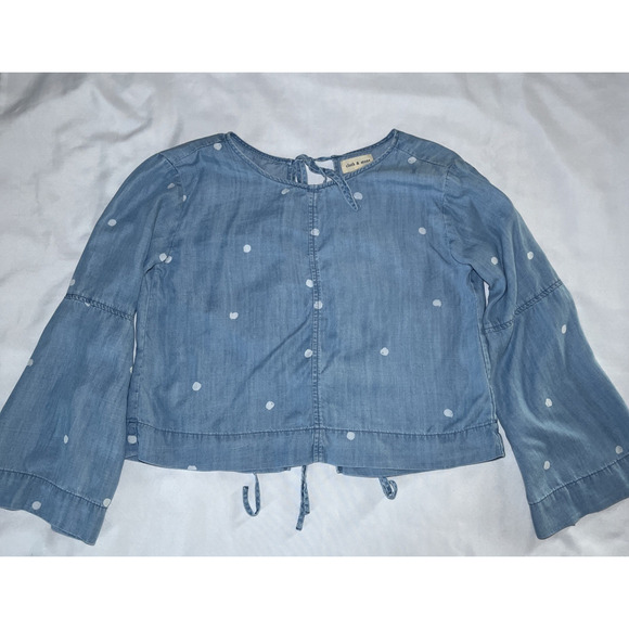 Cloth & Stone Chambray Polka Dot Top Tie Back Size S Bell Sleeve Boxy Lyocell - Picture 1 of 7